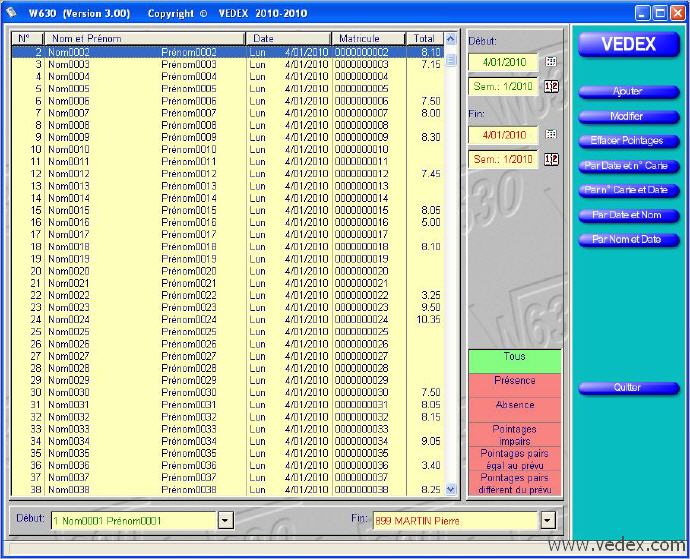 W630 & W300 cran liste des pointages